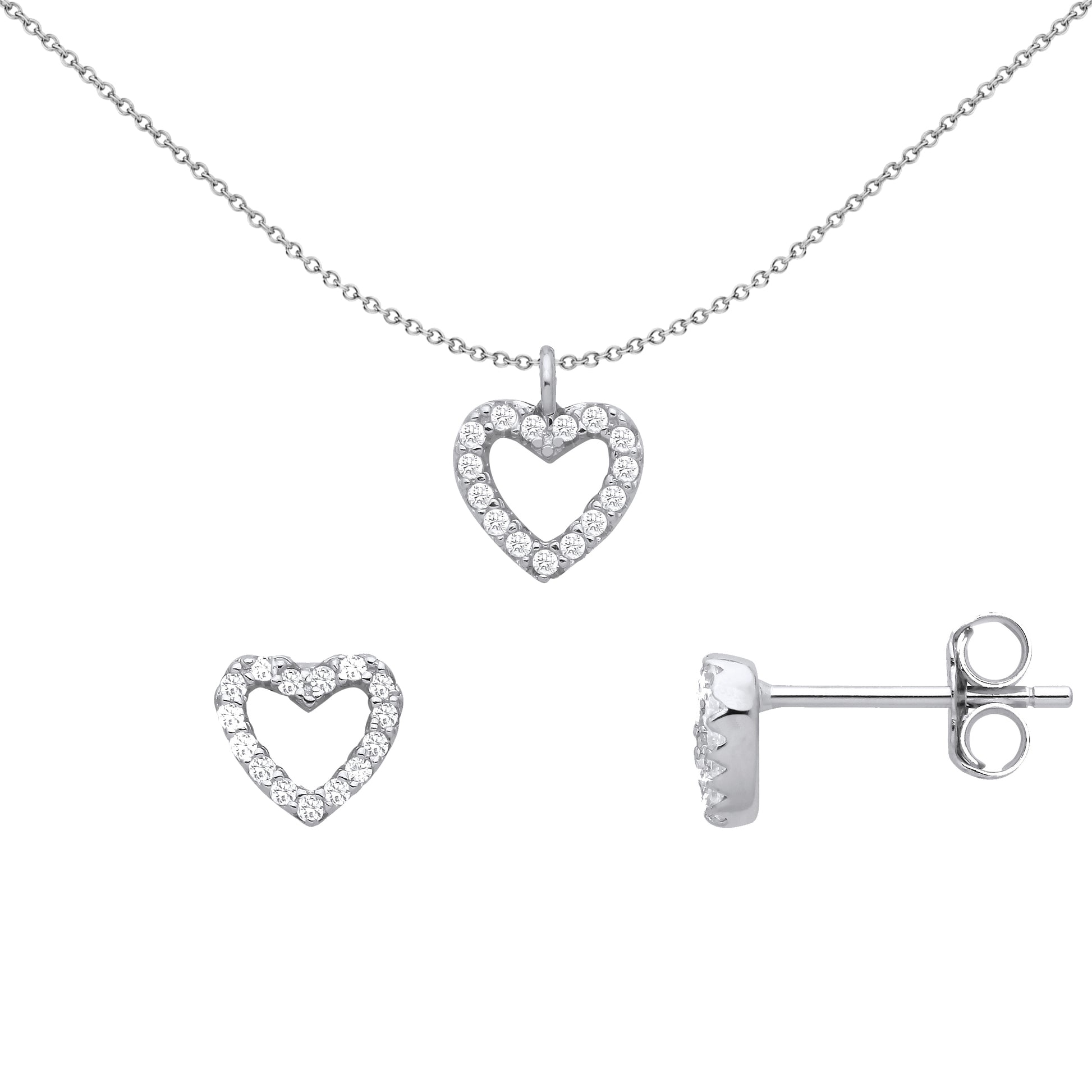 Silver  Love Heart Halo Earrings Necklace Set - GSET660