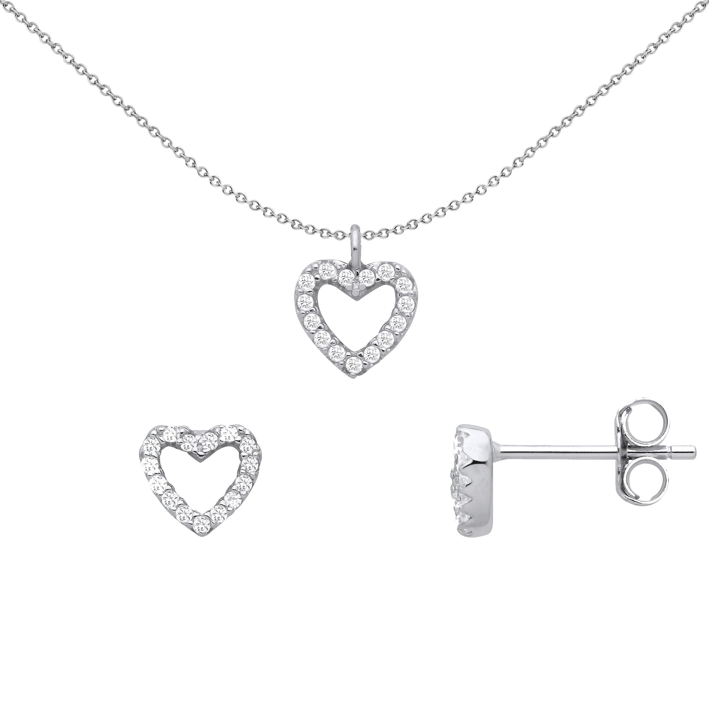 925 Sterling Silver  CZ Love Heart Halo Earrings Necklace Set - GSET660