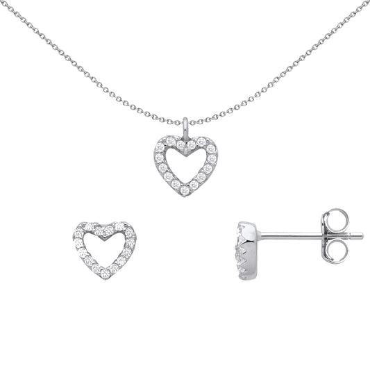 Silver  Love Heart Halo Earrings Necklace Set - GSET660