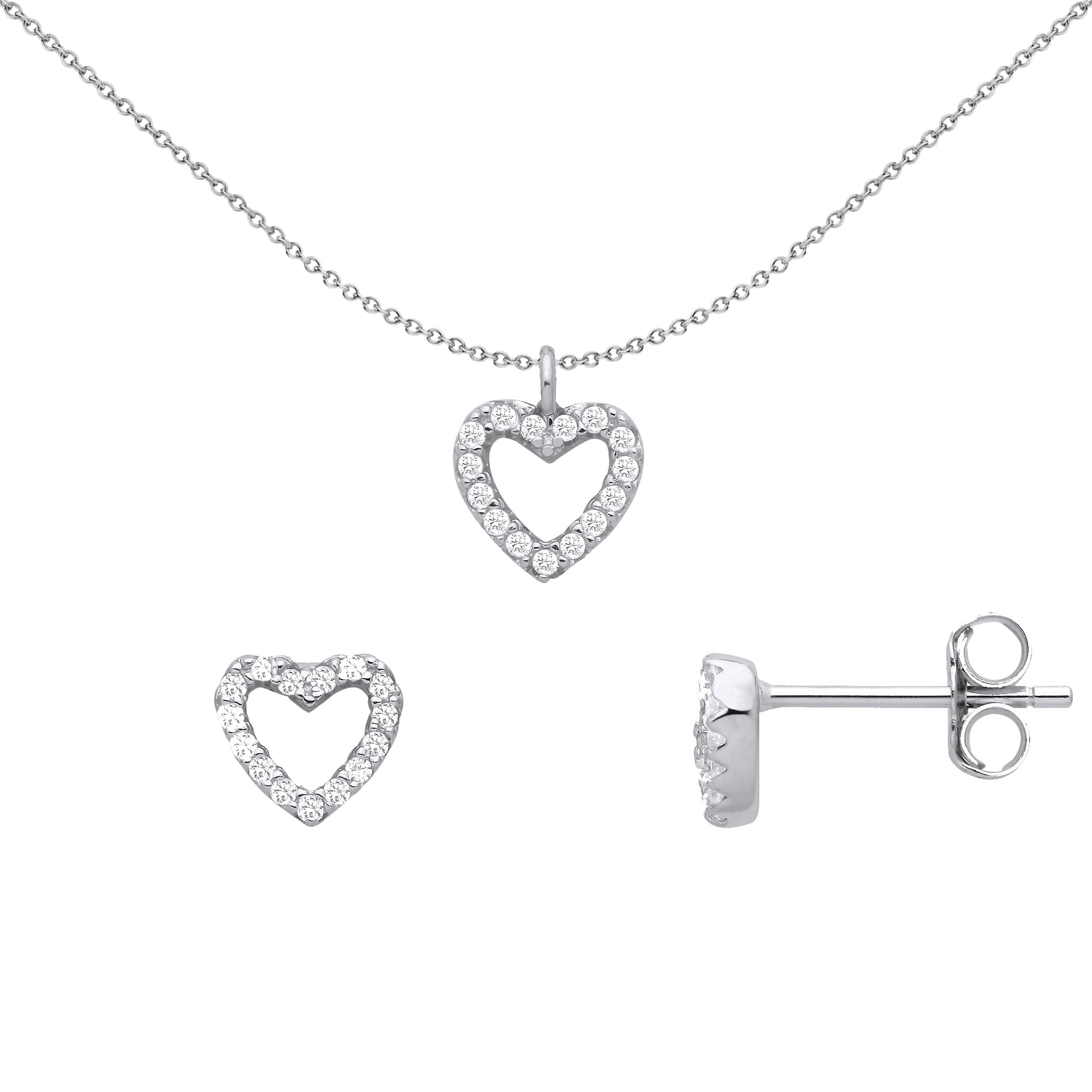 925 Sterling Silver  CZ Love Heart Halo Earrings Necklace Set - GSET660