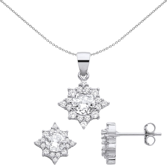 Silver  Octogram Starburst Solitaire Earrings Necklace Set - GSET662