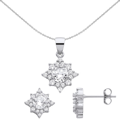 925 Silver  CZ Octogram Starburst Solitaire Earrings Necklace Set - GSET662