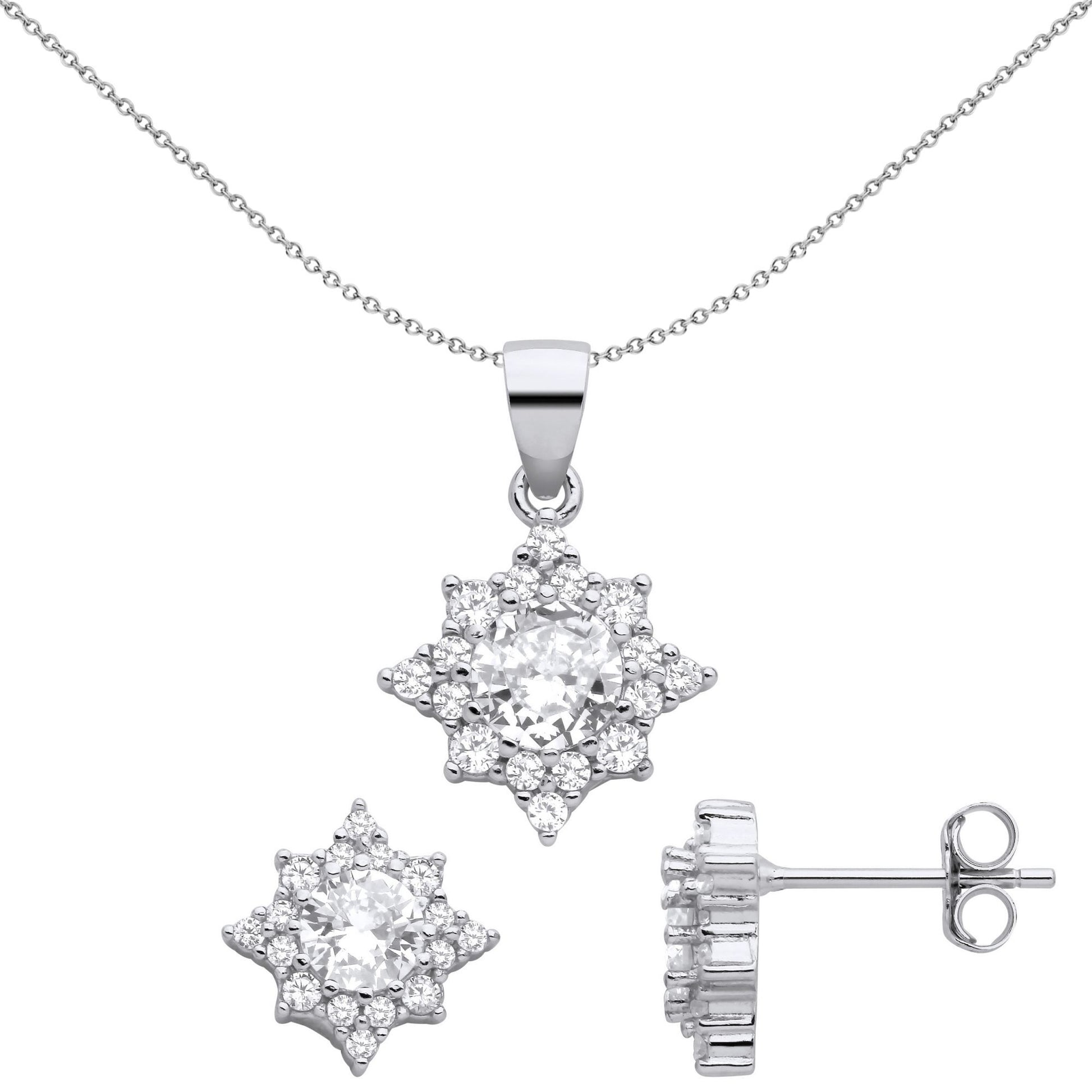 925 Silver  CZ Octogram Starburst Solitaire Earrings Necklace Set - GSET662