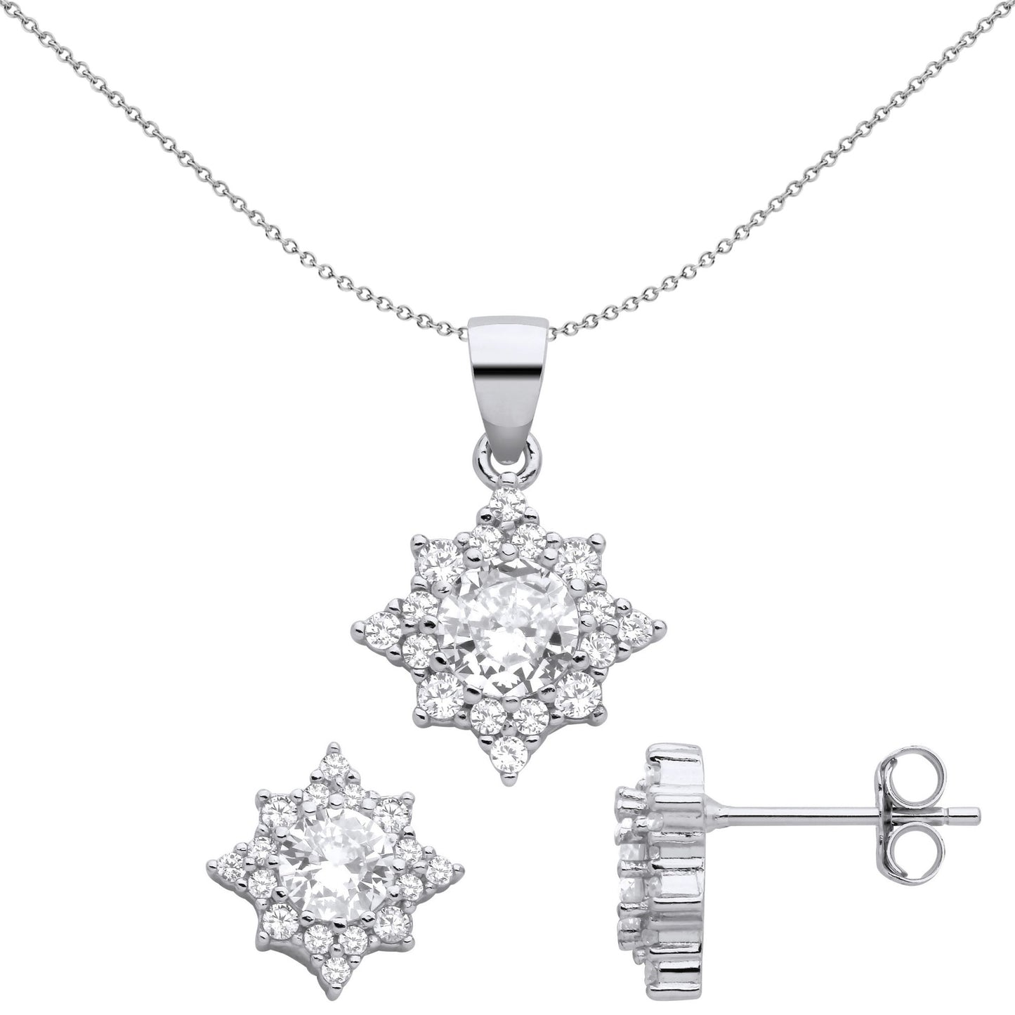 925 Silver  CZ Octogram Starburst Solitaire Earrings Necklace Set - GSET662
