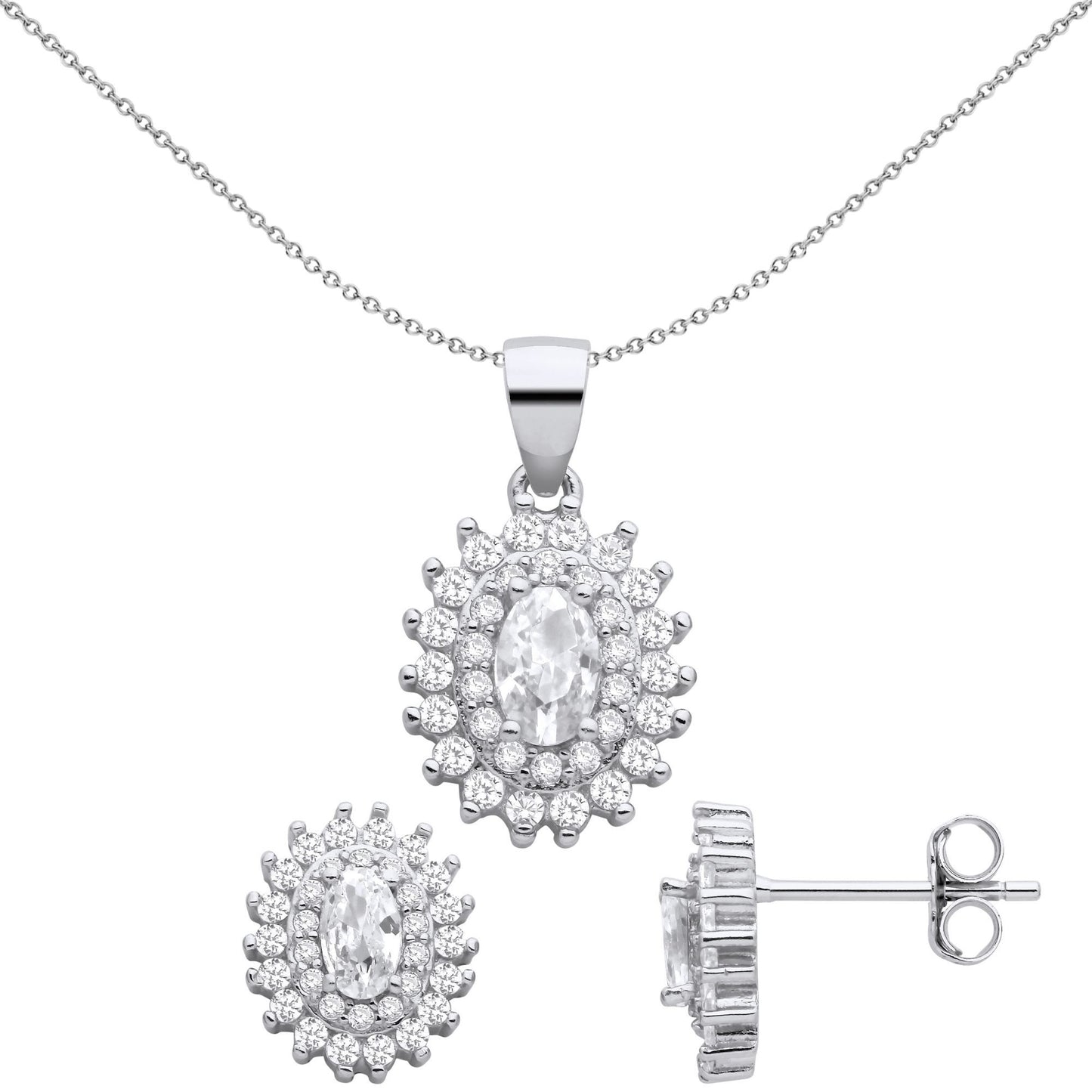 925 Silver  Oval CZ Double Oval Halo Cluster Earrings Necklace Set - GSET663