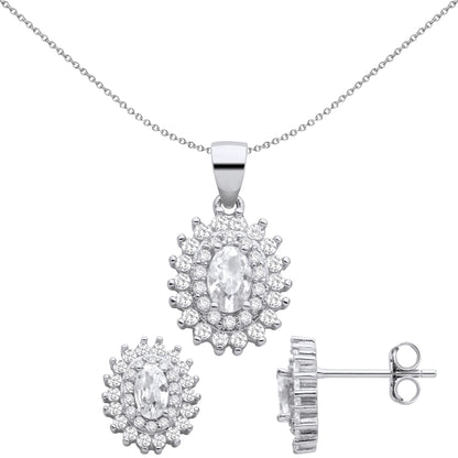 925 Silver  Oval CZ Double Oval Halo Cluster Earrings Necklace Set - GSET663