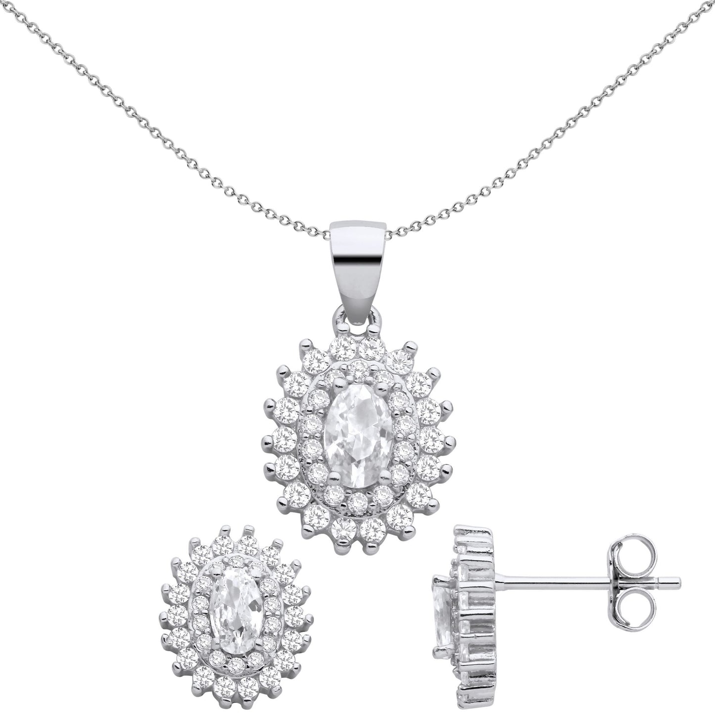 925 Silver  Oval CZ Double Oval Halo Cluster Earrings Necklace Set - GSET663
