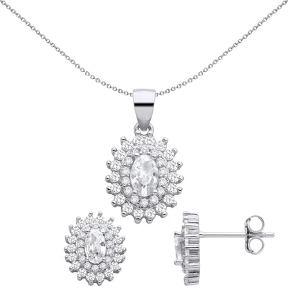 925 Silver  Oval CZ Double Oval Halo Cluster Earrings Necklace Set - GSET663