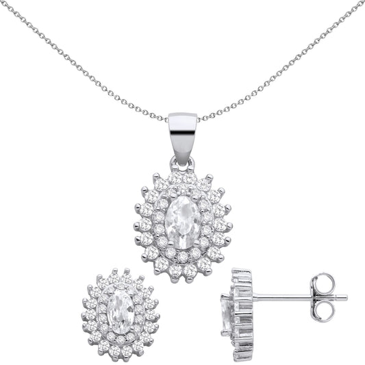 925 Silver  Oval CZ Double Oval Halo Cluster Earrings Necklace Set - GSET663