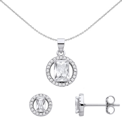 Silver  Circle Halo Solitaire Earrings Necklace Set - GSET664