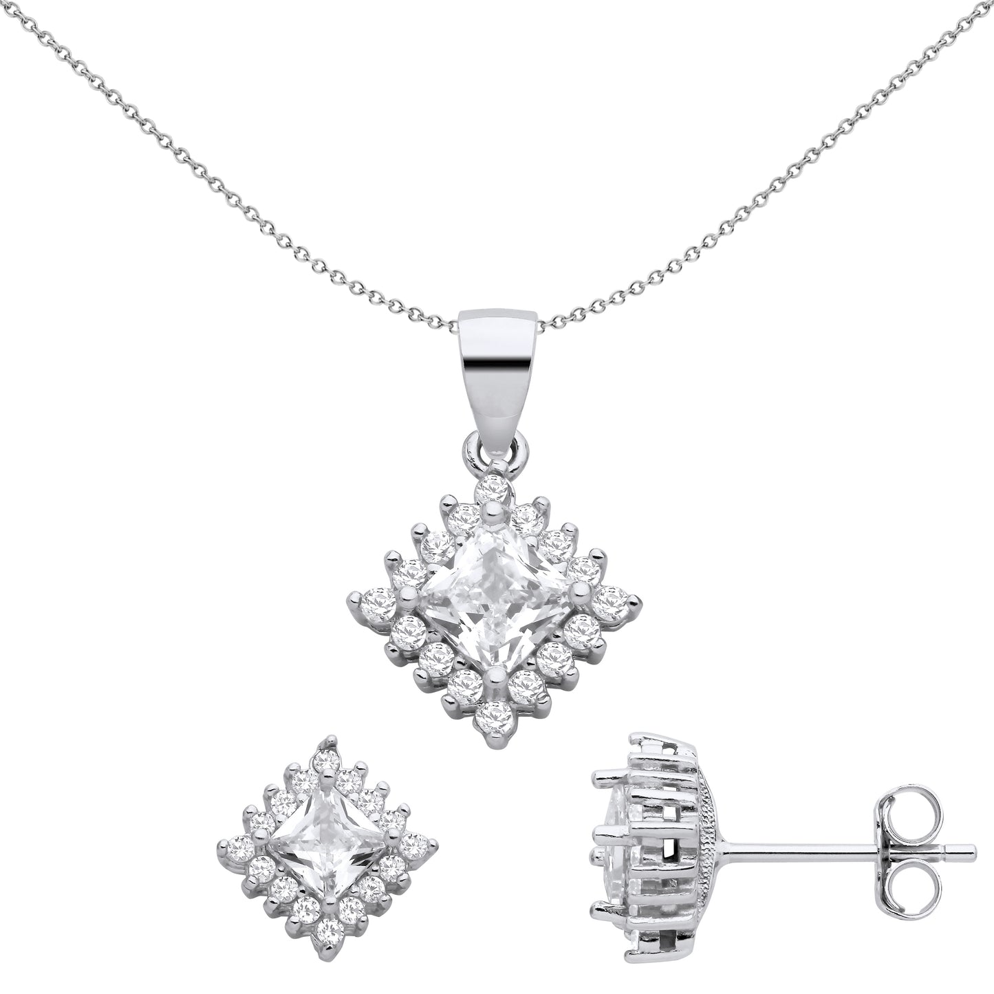 Silver  Princess CZ Rotated Square Halo Earrings Necklace Set - GSET665