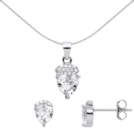 Silver  Love Heart Pave Cushion Earrings Necklace Set - GSET666