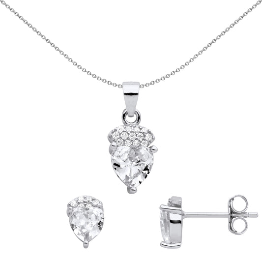 925 Silver  Heart CZ Love Heart Pave Cushion Earrings Necklace Set - GSET666