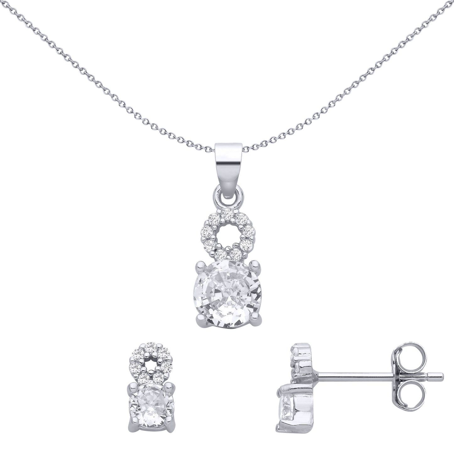 925 Sterling Silver  CZ Angel Halo Solitaire Earrings Necklace Set - GSET667