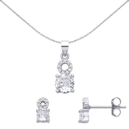 925 Sterling Silver  CZ Angel Halo Solitaire Earrings Necklace Set - GSET667