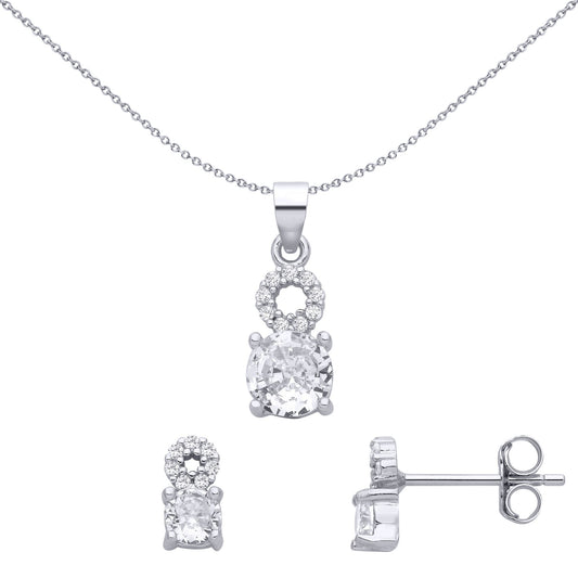 925 Sterling Silver  CZ Angel Halo Solitaire Earrings Necklace Set - GSET667