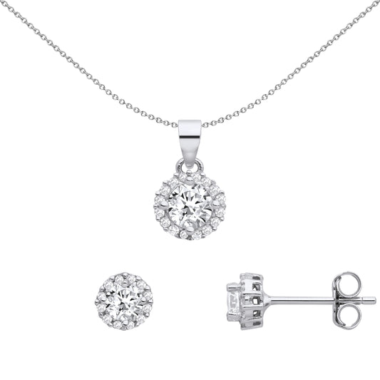 Silver  Halo Cluster Solitaire Earrings Necklace Set - GSET668