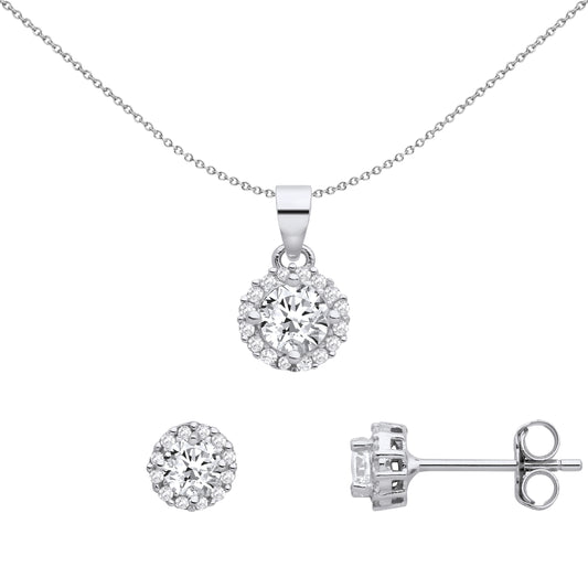 Sterling Silver  CZ Halo Cluster Solitaire Earrings Necklace Set - GSET668