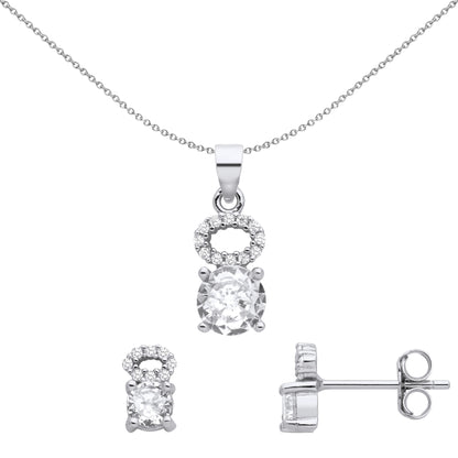 925 Sterling Silver  CZ Angel Halo Solitaire Earrings Necklace Set - GSET670