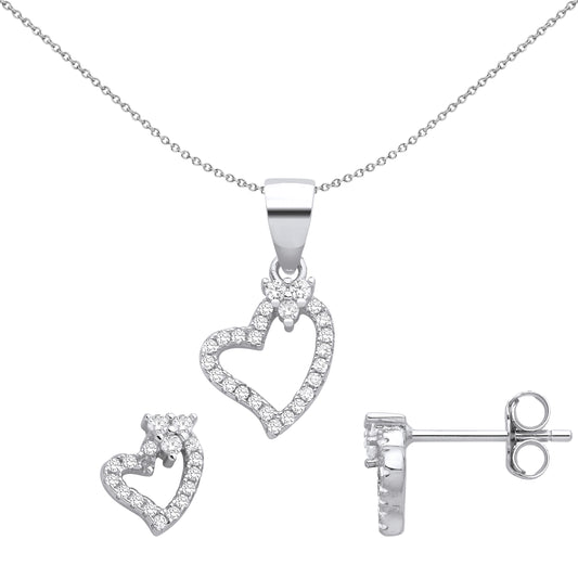 Sterling Silver  CZ Accented Love Heart Halo Earrings Necklace Set - GSET671