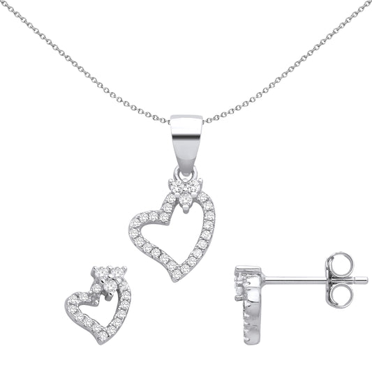 Silver  Accented Love Heart Halo Earrings Necklace Set - GSET671