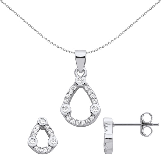 Silver  Pear Halo Trilogy Earrings Necklace Set - GSET672