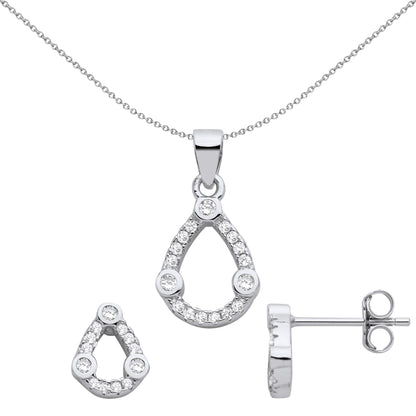 925 Sterling Silver  CZ Pear Halo Trilogy Earrings Necklace Set - GSET672