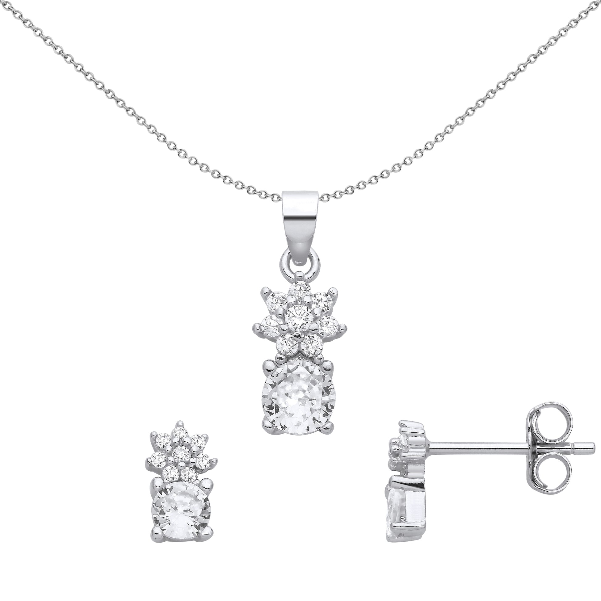 Silver  Pineapple Hat Cluster Solitaire Earrings Necklace Set - GSET673