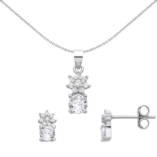Silver  Pineapple Hat Cluster Solitaire Earrings Necklace Set - GSET673