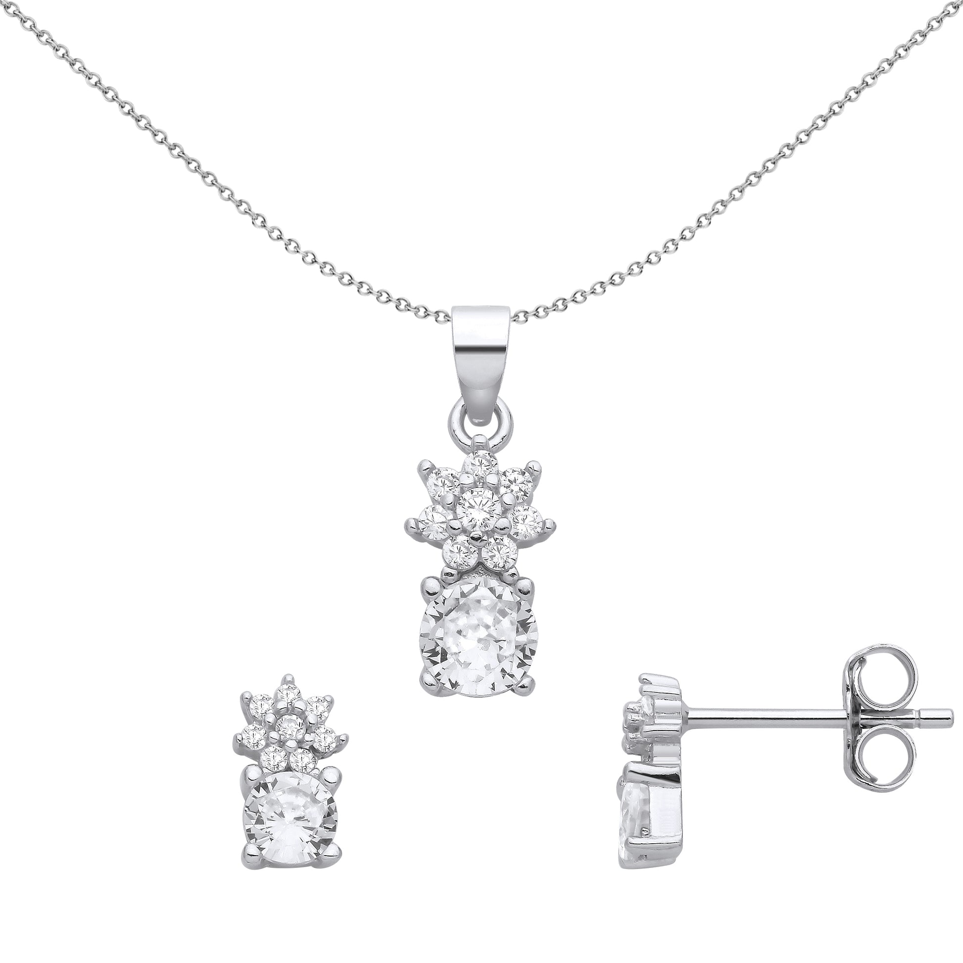 Silver  CZ Pineapple Hat Cluster Solitaire Earrings Necklace Set - GSET673