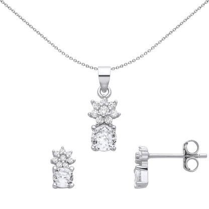 Silver  CZ Pineapple Hat Cluster Solitaire Earrings Necklace Set - GSET673