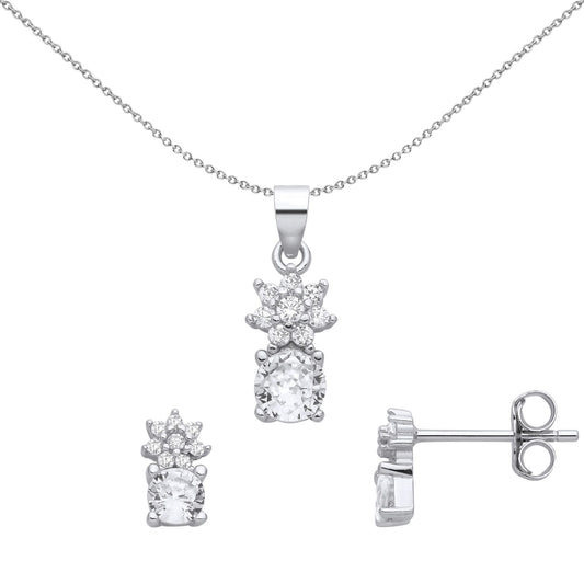 Silver CZ Pineapple Hat Cluster Solitaire Earrings Necklace Set - GSET673