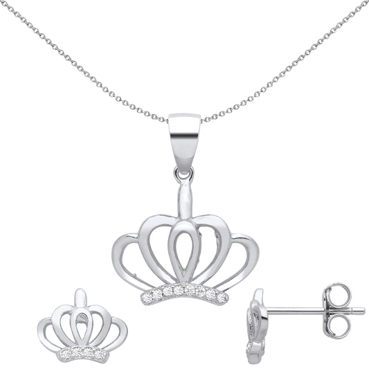 Silver  Royal Majestic King Queen Crown Earrings Necklace Set - GSET674