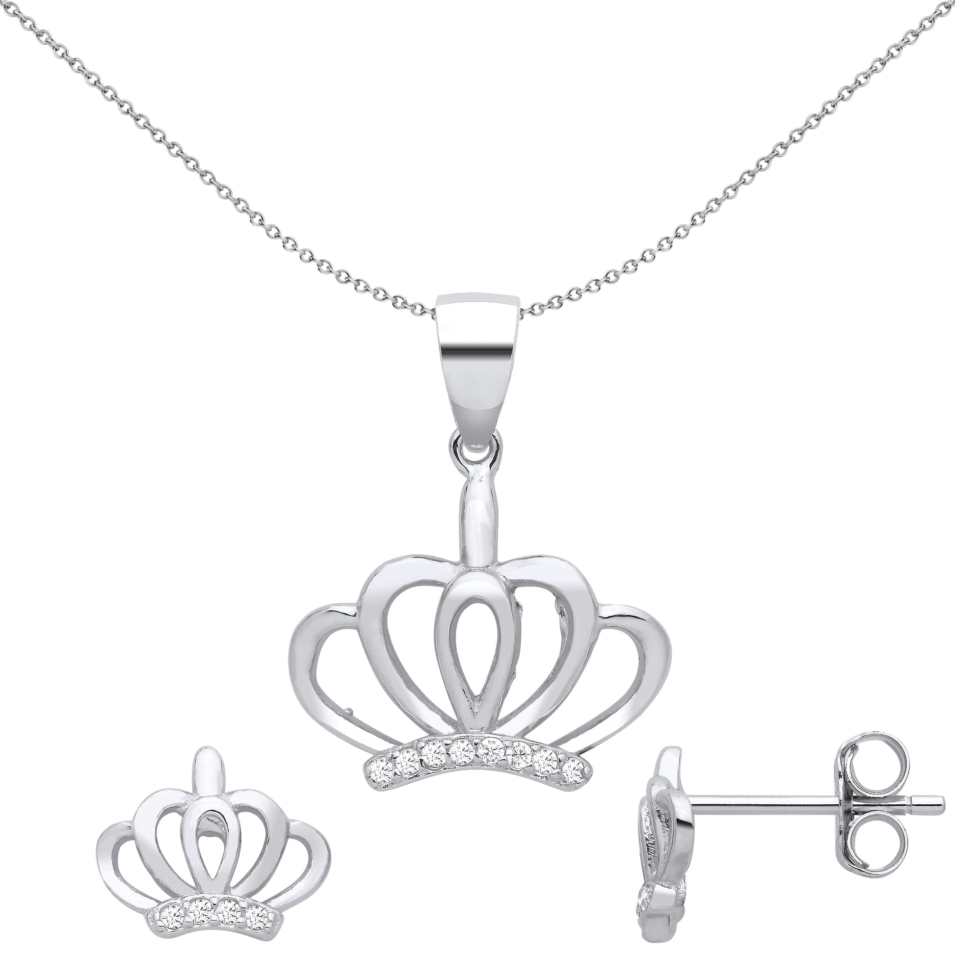 Silver  CZ Royal Majestic King Queen Crown Earrings Necklace Set - GSET674