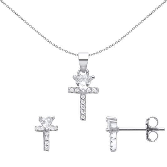 Silver  Love Heart T Cross Earrings Necklace Set - GSET675