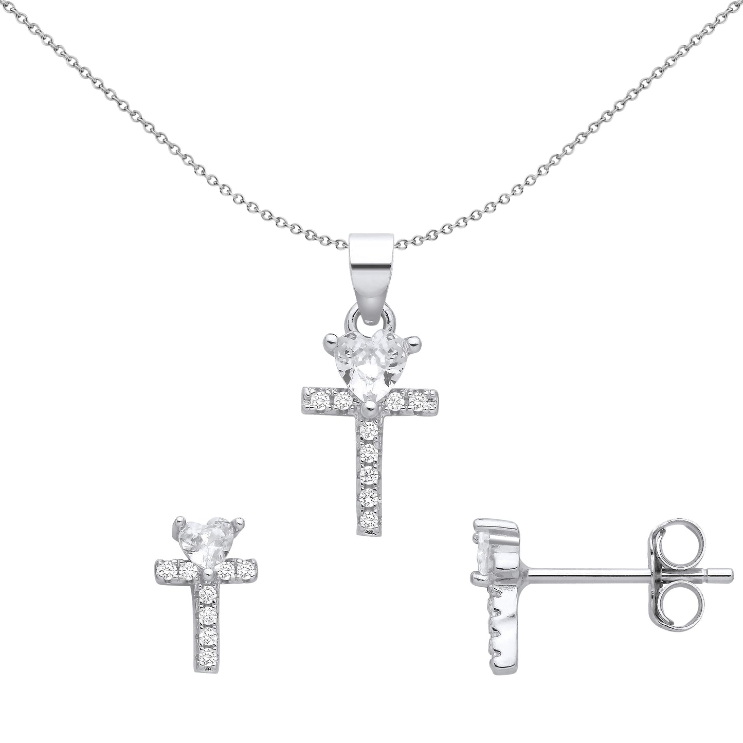 Sterling Silver  Heart CZ Love Heart T Cross Earrings Necklace Set - GSET675