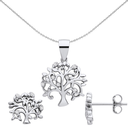 Silver  Fruitful Tree of Life Earrings Necklace Set - GSET676