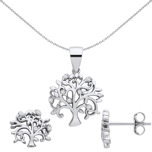 Sterling Silver  CZ Fruitful Tree of Life Earrings Necklace Set - GSET676