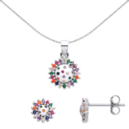 Silver  Rainbow CZ Clown Ruff Collar Cluster Earrings Necklace Set - GSET678