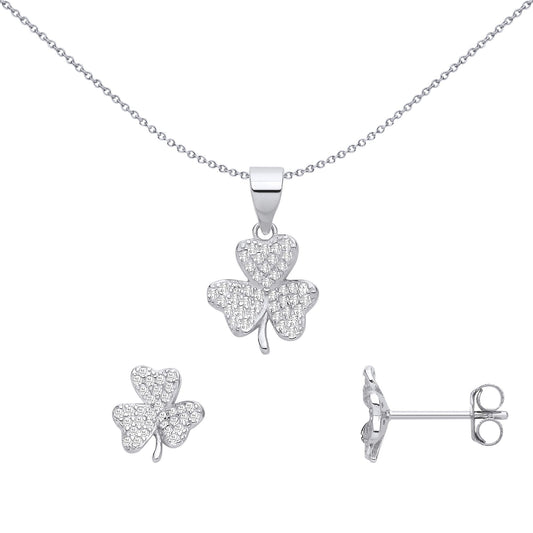 Sterling Silver CZ Shamrock Earring & Pendant Set - GSET679