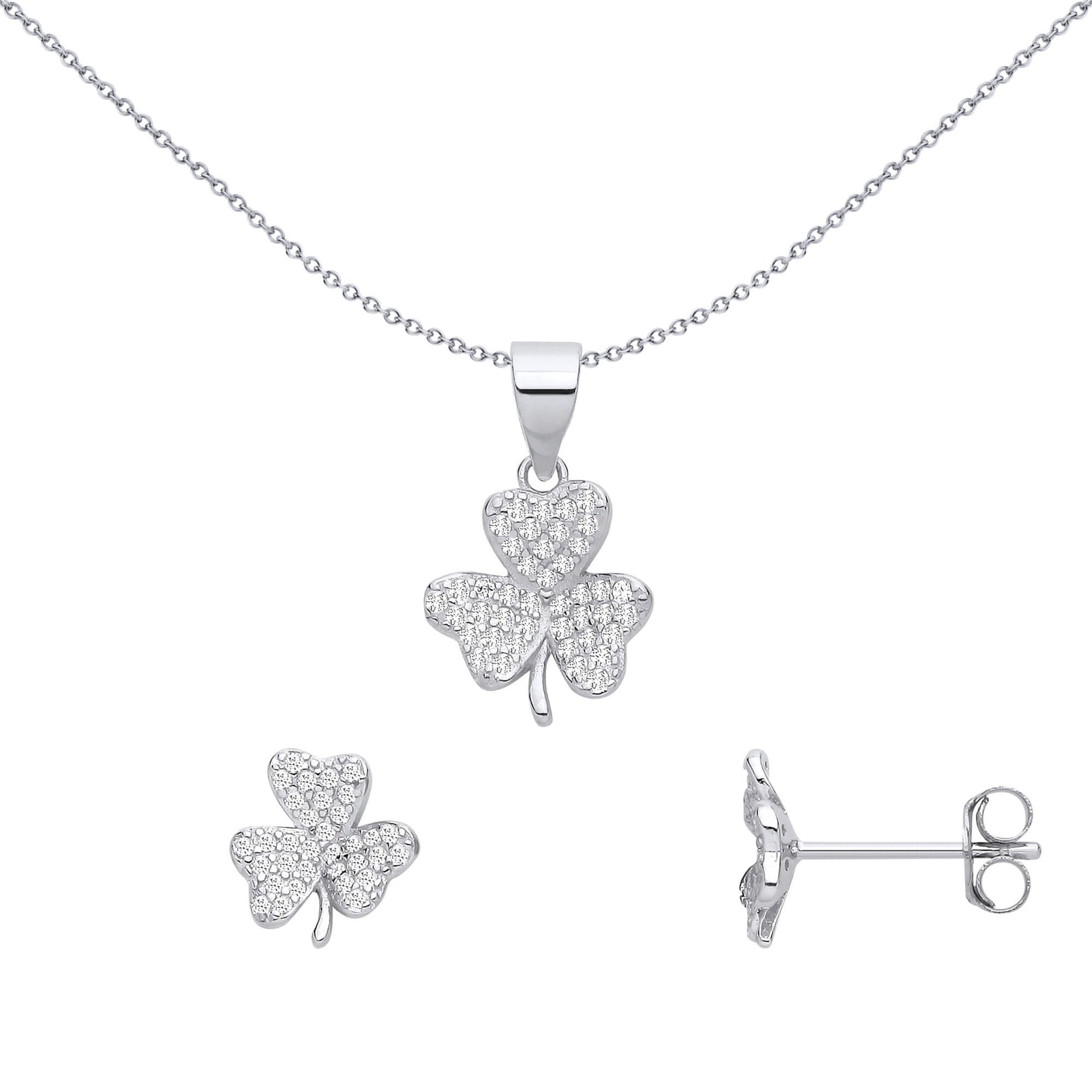 Silver  CZ Pave 3 Leaf Clover Shamrock Earrings & Pendant Set - GSET679