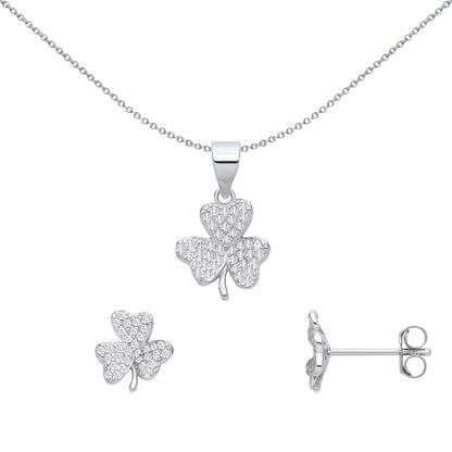 Silver  CZ Pave 3 Leaf Clover Shamrock Earrings & Pendant Set - GSET679