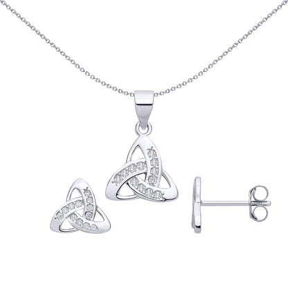 Silver  CZ Triquetra Celtic Trinity Knot Earrings & Pendant Set - GSET680