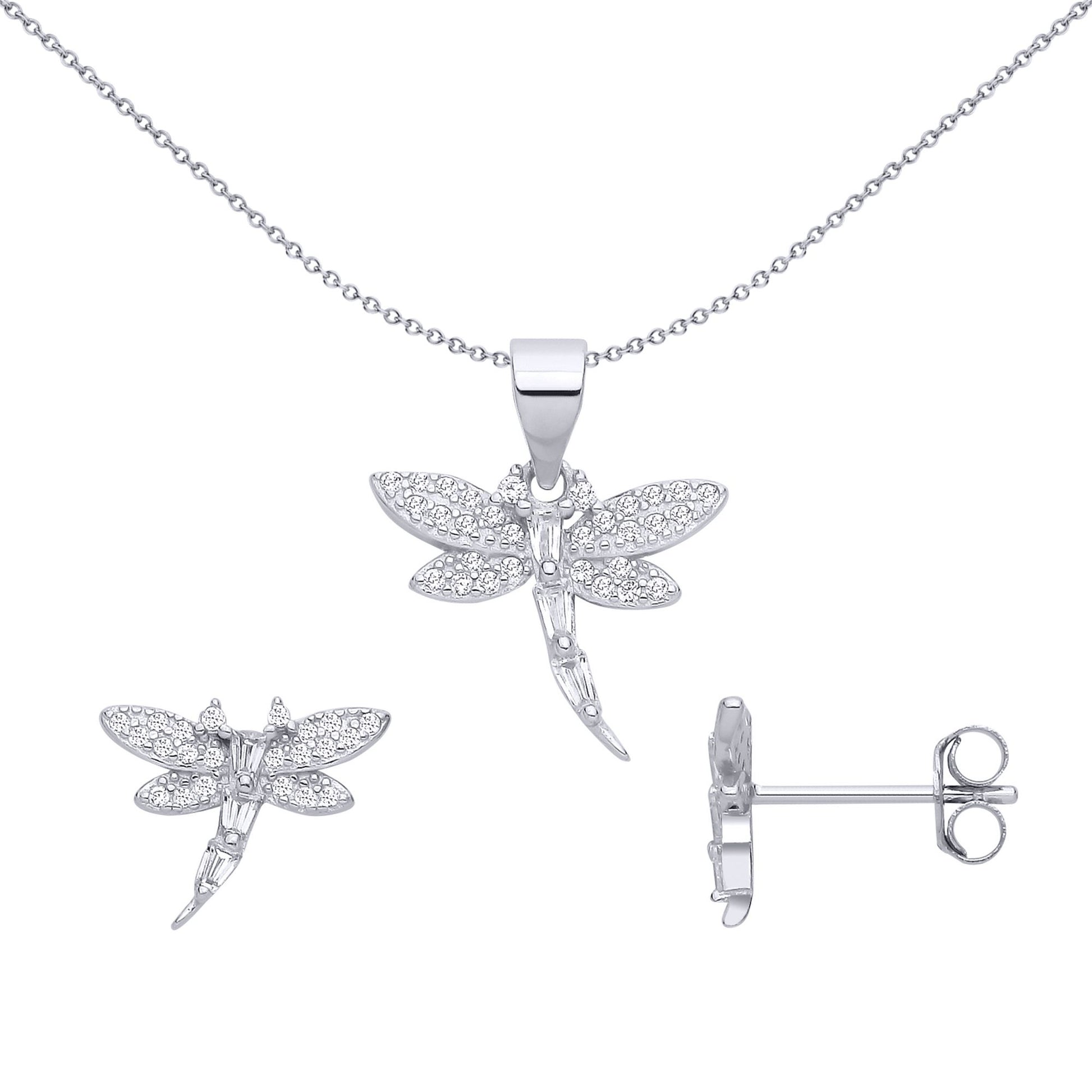 Sterling Silver CZ Dragonfly Earring & Pendant Set - GSET681