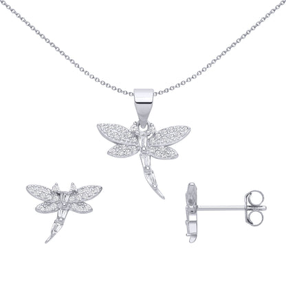 Sterling Silver CZ Dragonfly Earring & Pendant Set - GSET681