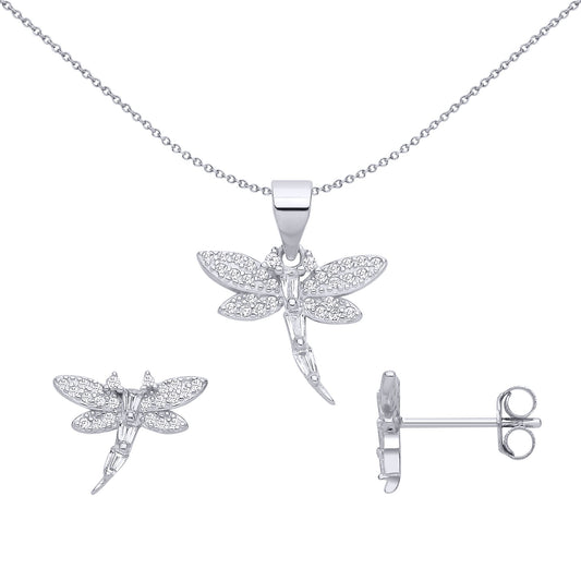 Sterling Silver CZ Dragonfly Earring & Pendant Set - GSET681
