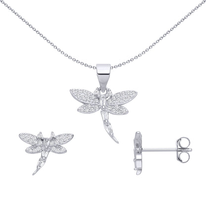 Silver  Baguette CZ Soaring Dragonfly Earrings & Pendant Set - GSET681