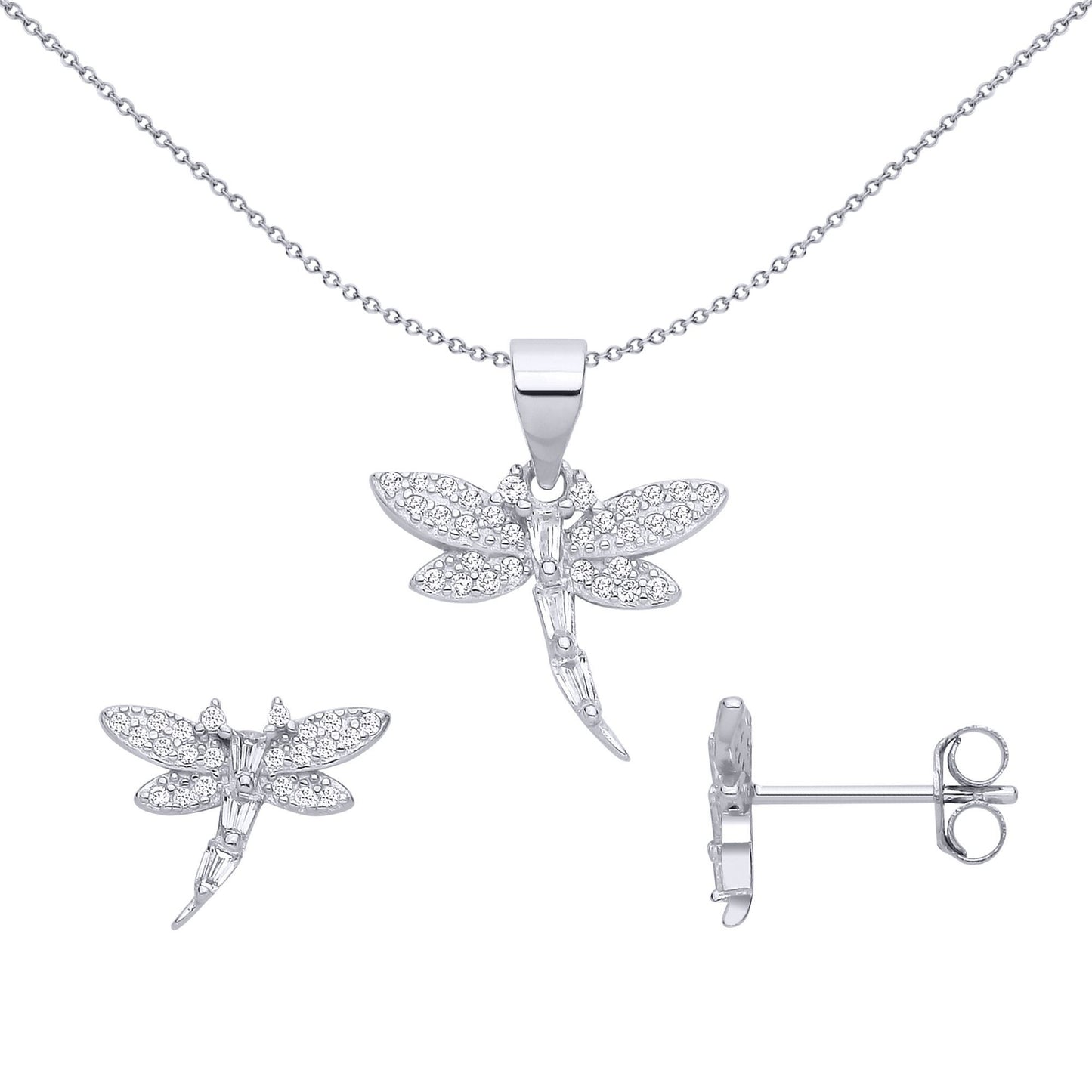 Silver  Baguette CZ Soaring Dragonfly Earrings & Pendant Set - GSET681