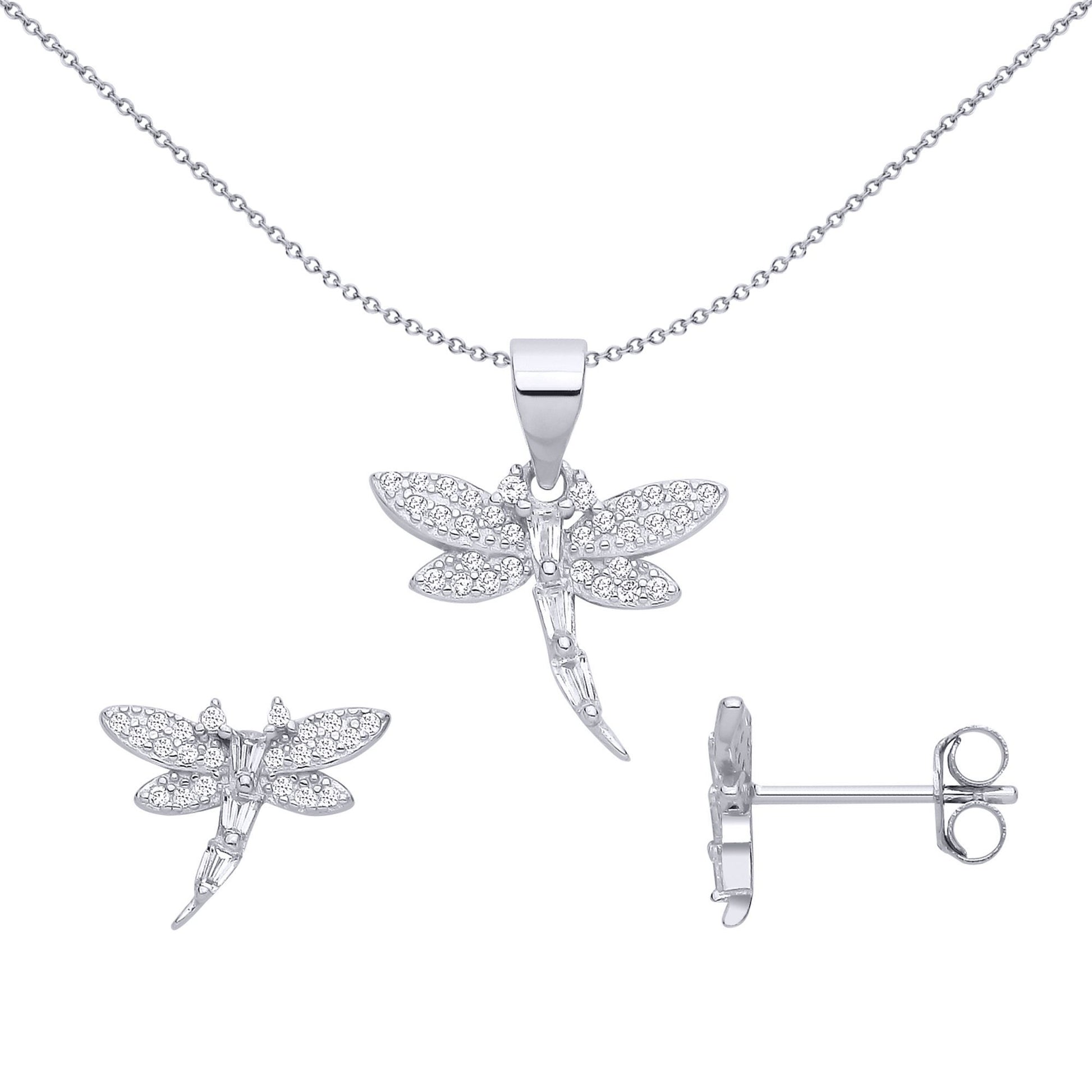 Silver  Baguette CZ Soaring Dragonfly Earrings & Pendant Set - GSET681