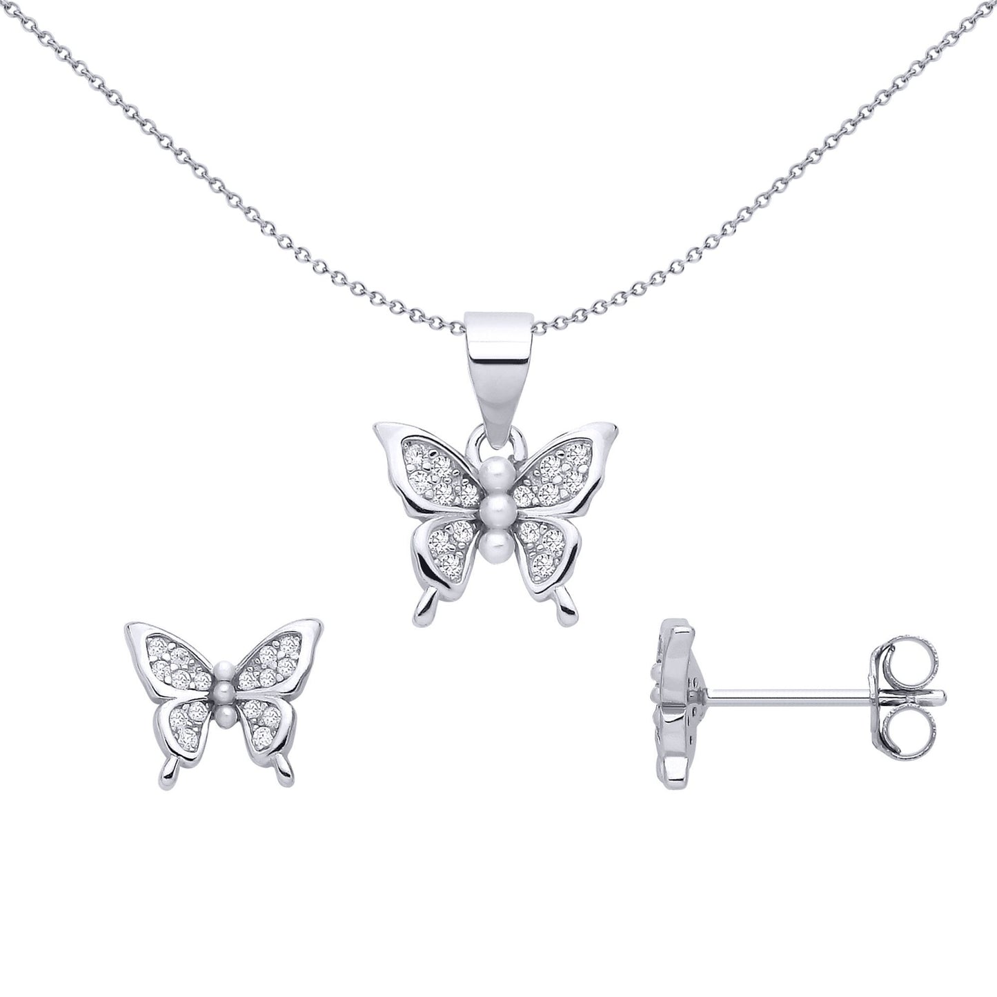 Silver  Pearl & CZ Shimmering Butterfly Earrings & Pendant Set - GSET682